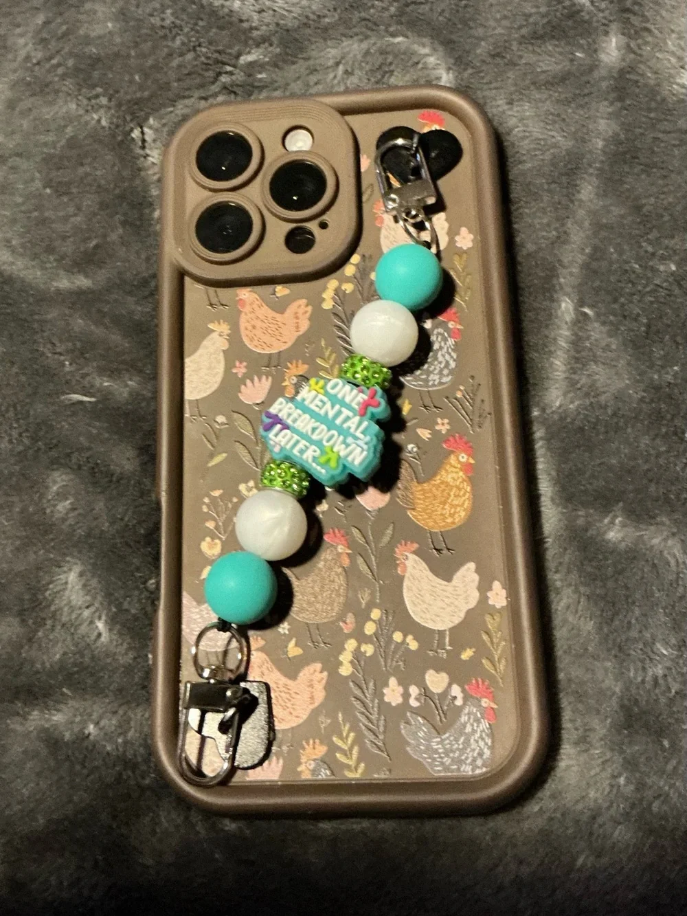 Teal and White Beaded Phone Charm Strap - One Mental Breakdown Later